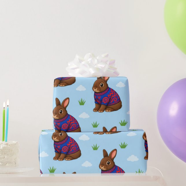 Schokoladenhase im gemusterten Pullover Geschenkpapier (Partygeschenke)
