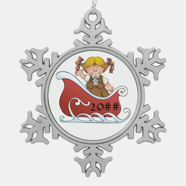 Schokoladenkuchen-Pfadfinder-Schlitten-Blondine Schneeflocken Zinn-Ornament (Vorderseite)