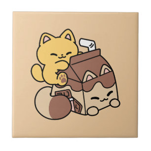 Schokoladenmilch-Trinken im Glück – Kawaii-Katzenf Fliese