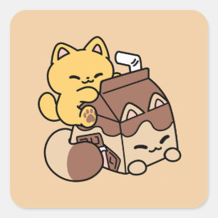 Schokoladenmilch-Trinken im Glück – Kawaii-Katzenf Quadratischer Aufkleber