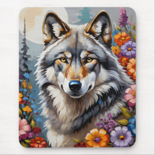 Schön grauer Wolf und Blume Mousepad