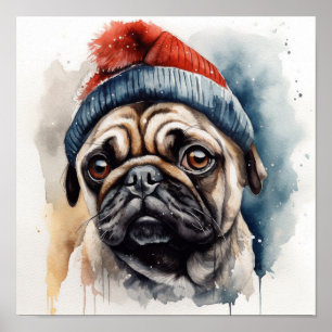 Schön Mops mit niedlichem Winterhut Poster