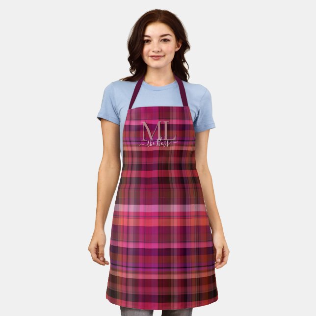 Schön rosa bordeauxrot lila Tartan kariert Schürze (Getragen)
