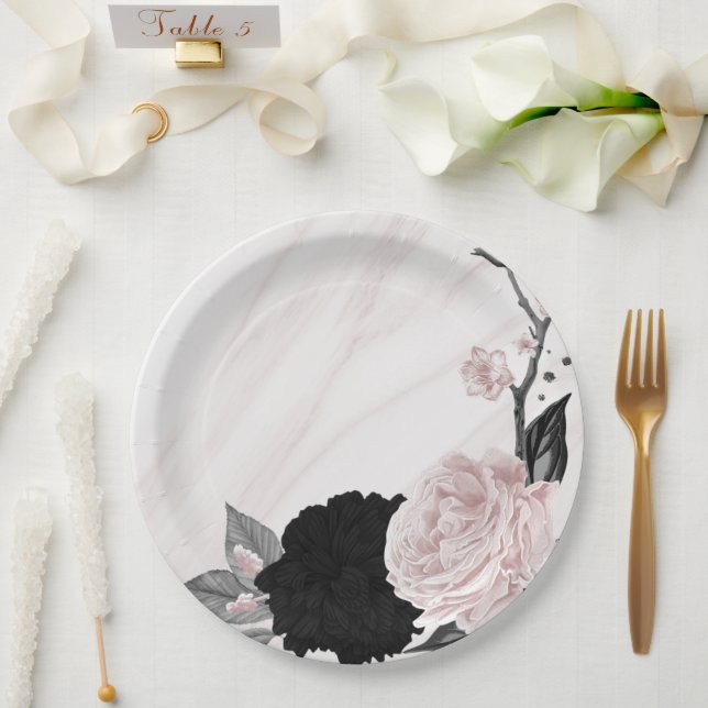 Schön schwarz-rosa Blume aus Marmor Pappteller (Hochzeit)