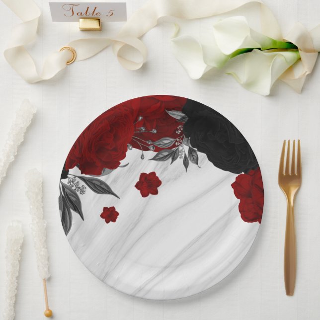 Schön schwarz-rote Blume aus Marmor Pappteller (Hochzeit)