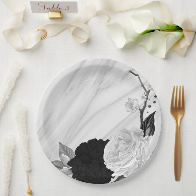 Schön schwarz-weiße Blume aus Marmor Pappteller (Hochzeit)
