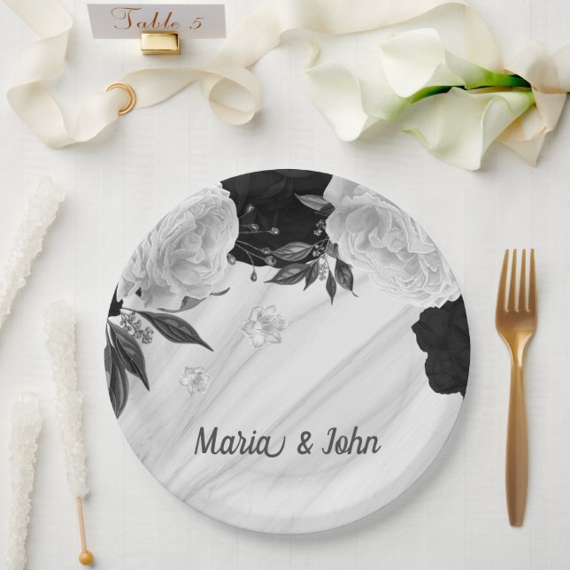 Schön schwarz-weiße Blume aus Marmor Pappteller (Hochzeit)