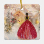 Schöne 16 . Geburtstag Winterschnee Weihnachten Keramikornament<br><div class="desc">Dieses absolut bezaubernde Weihnachtsschmuck aus 16 . Geburtstag besticht durch ein hübsches afrikanisches Mädchen in einem glänzenden Rot- und Goldkleid in einer Winterschneeszene mit Lichtern aus Märchen. Personalisieren Sie den Rücken mit einem Namen und Jahr!</div>