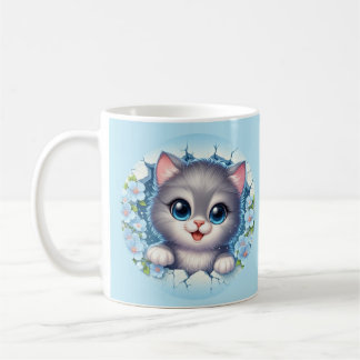 Schöne 3D Cat Peeking durch florale Wandgestaltung Kaffeetasse