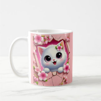 Schöne 3D Cat Peeking durch florale Wandgestaltung Kaffeetasse