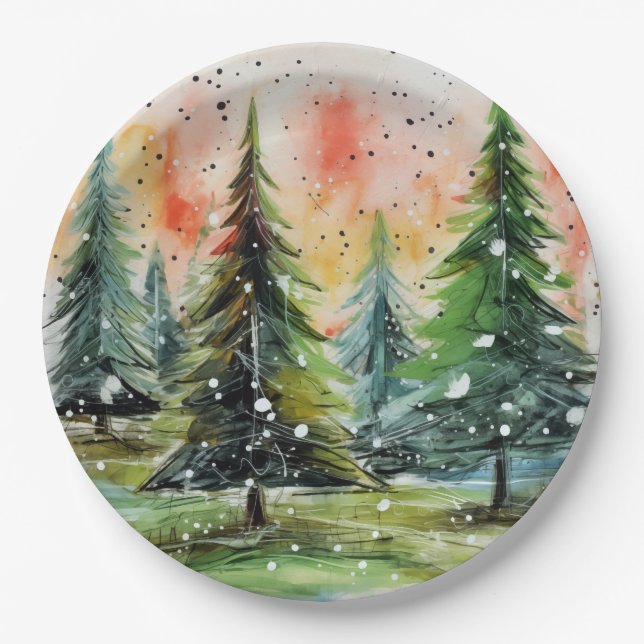 Schöne Abstrakte Weihnachtsbäume glühen Himmel Pappteller (Vorderseite)