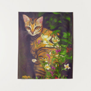 Schöne abyssinische Katze im Mitternachtsgarten Wandteppich