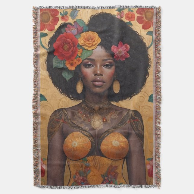 Schöne afrikanische Amerikanerin mit Blume Decke (Vorderseite Vertikal)