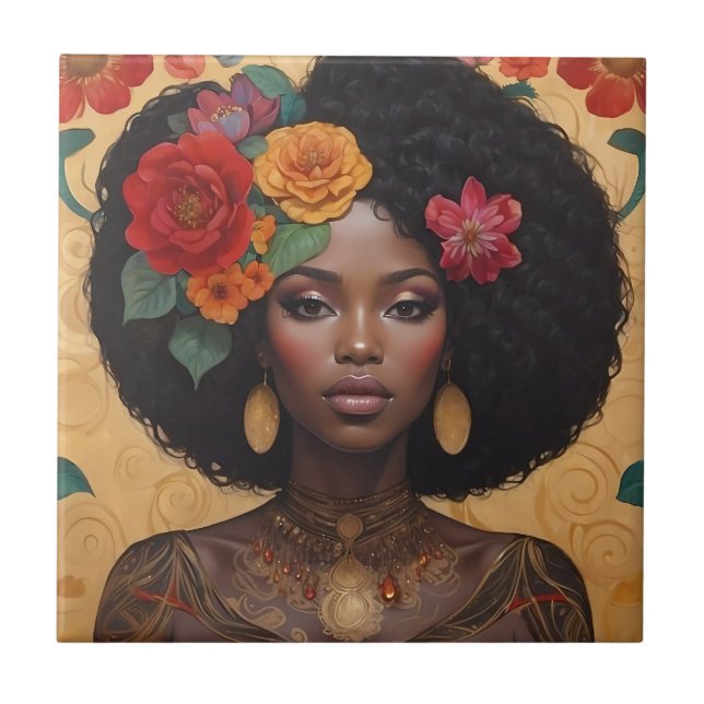 Schöne afrikanische Amerikanerin mit Blume Fliese (Vorderseite)