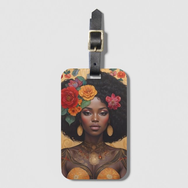 Schöne afrikanische Amerikanerin mit Blume Gepäckanhänger (Vorderseite Vertikal)
