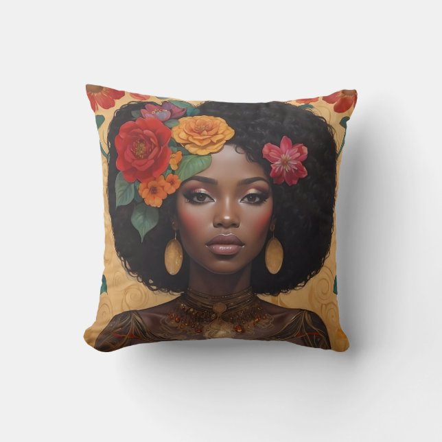Schöne afrikanische Amerikanerin mit Blume Kissen (Vorderseite)