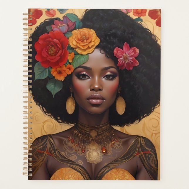 Schöne afrikanische Amerikanerin mit Blume Planer (Vorderseite)