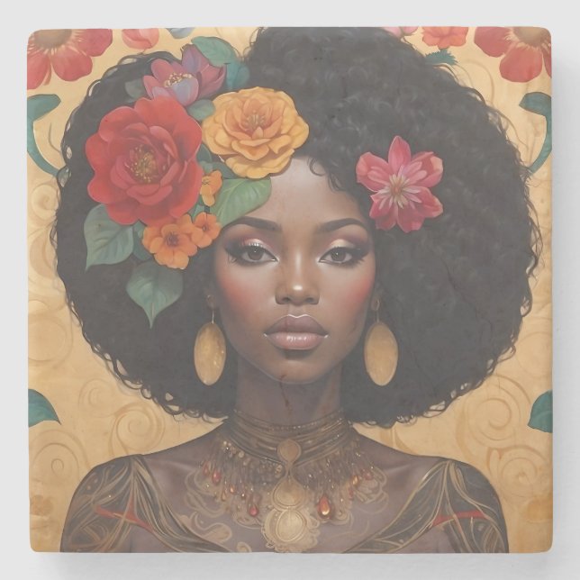 Schöne afrikanische Amerikanerin mit Blume Steinuntersetzer (Vorderseite)