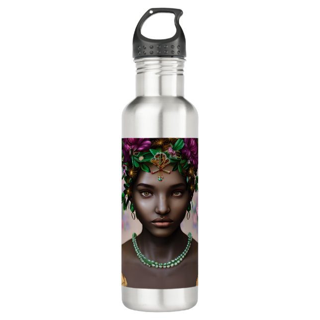 Schöne afroamerikanische Frau mit Blume Edelstahlflasche (Vorderseite)