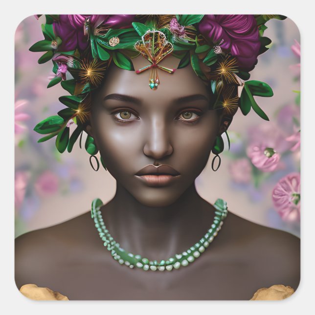 Schöne afroamerikanische Frau mit Blume Quadratischer Aufkleber (Vorderseite)