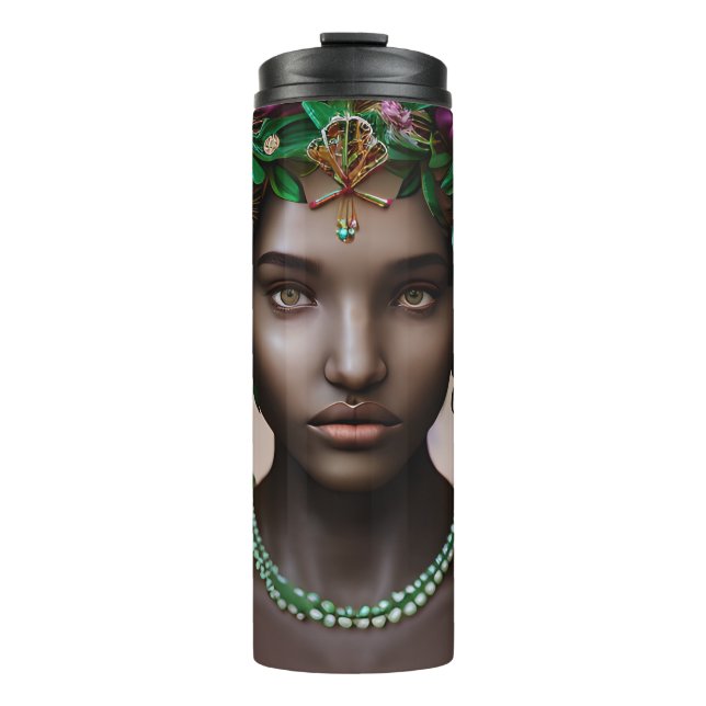 Schöne afroamerikanische Frau mit Blume Thermosbecher (Vorderseite)