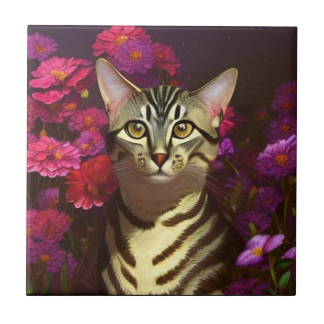 Schöne ägyptische Mau Katze in einem Nachtgarten Fliese (Vorderseite)