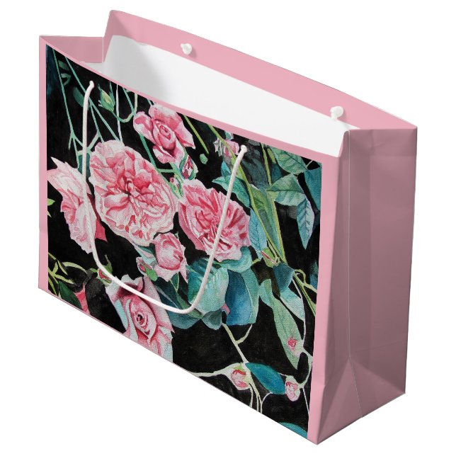 Schöne alte rosa Rosen-Geschenk-Tasche Große Geschenktüte (Vorderseite Schrägansicht)