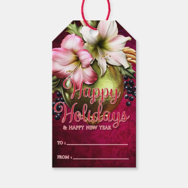 Schöne Amaryllis und Ornament Happy Holidays Geschenkanhänger (Vorderseite)