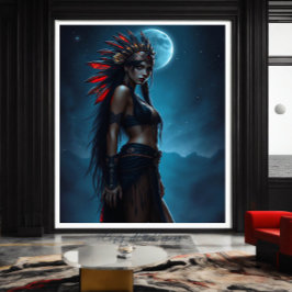 Schöne amerikanische Frau am Himmel Fullmoon Leinwanddruck