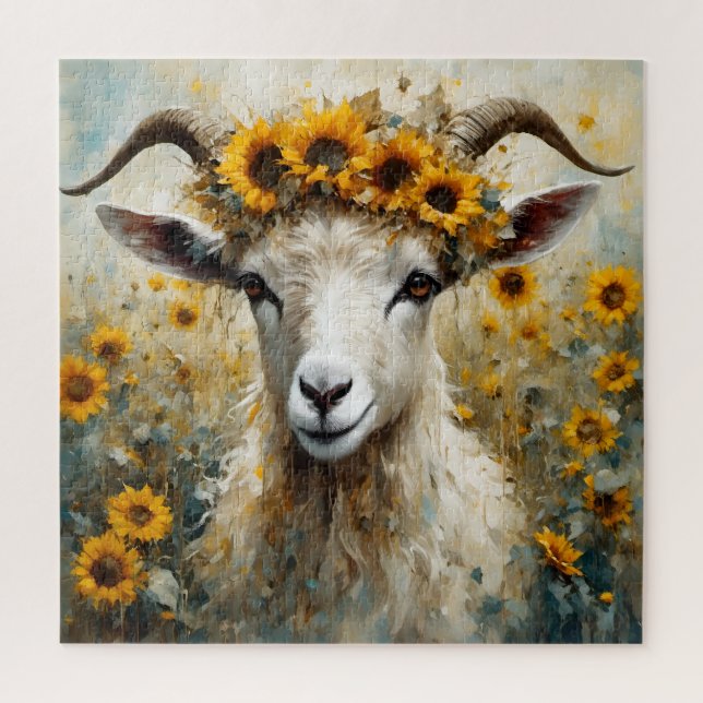 Schöne Angora Ziege im Sonnenblumen Fields (Vertikal)