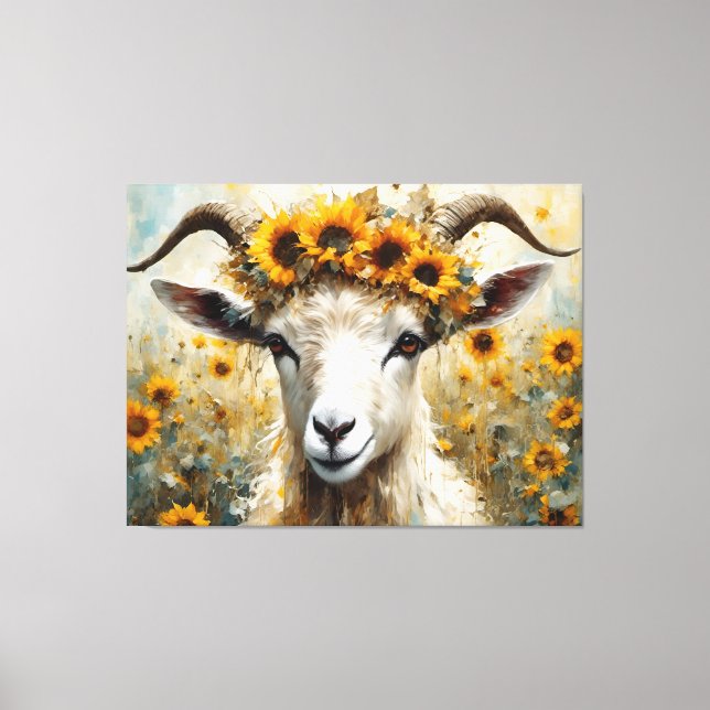 Schöne Angora Ziege im Sonnenblumen Fields Leinwanddruck (Vorderseite)