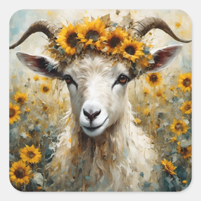 Schöne Angora Ziege im Sonnenblumen Fields Quadratischer Aufkleber (Vorderseite)