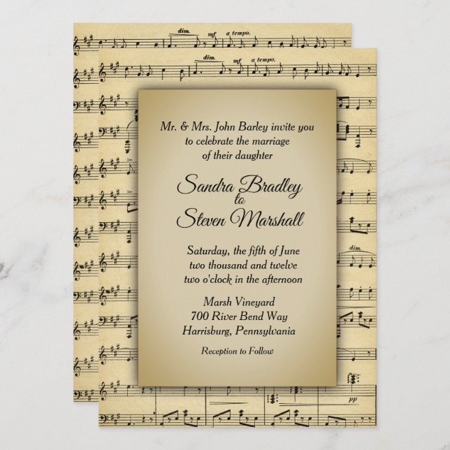 Schöne antike Blatt Musik Thema Hochzeit Einladung (Vorne/Hinten)