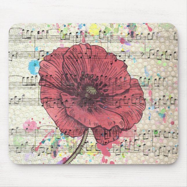 Schöne antike Mohnblumen-Blume Musiknoten Mousepad (Vorne)