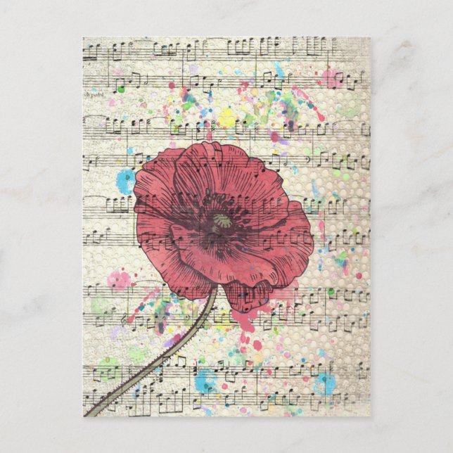 Schöne antike Mohnblumen-Blume Musiknoten Postkarte (Vorderseite)