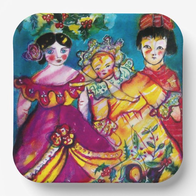 SCHÖNE ANTIQUE DOLLS mit Weihnachtsdekor Pappteller (Vorderseite)