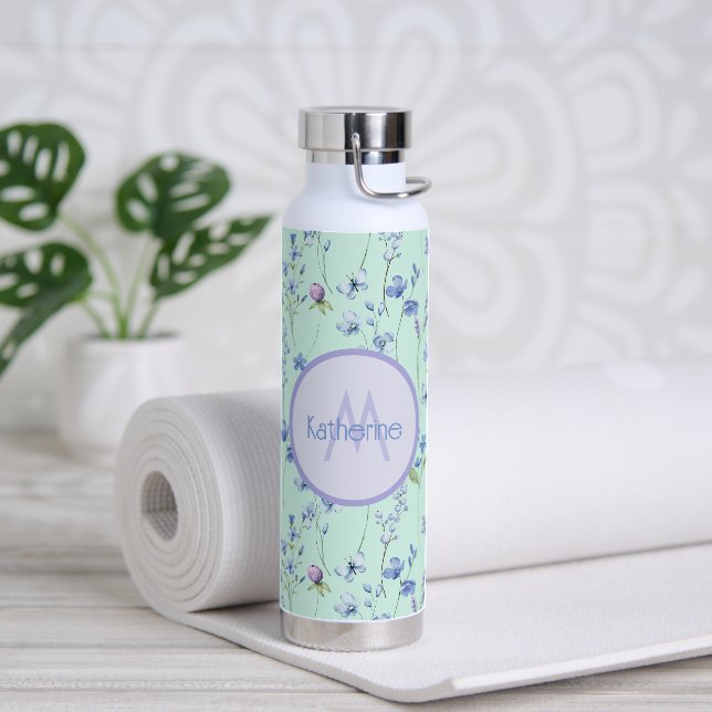 Schöne Aqua Blue Green Flasche mit violetten Blume (Yoga)