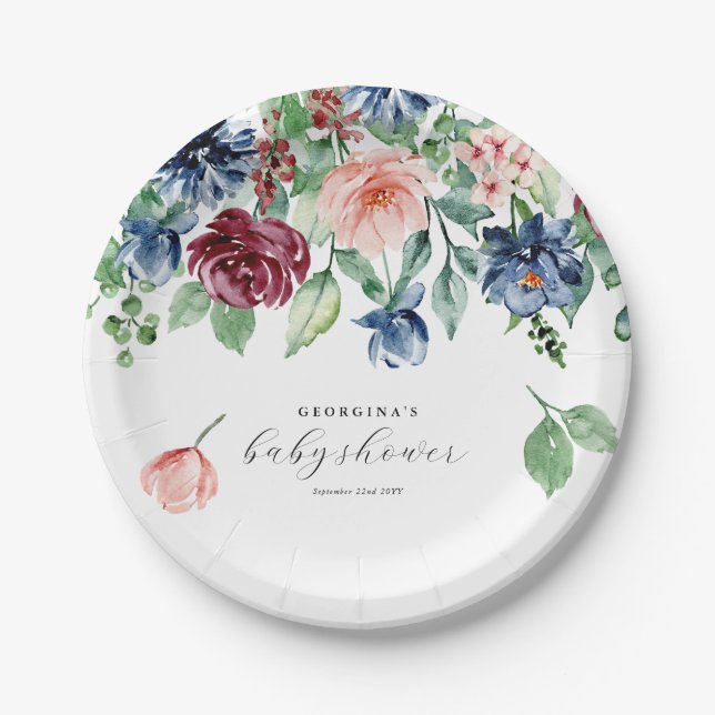 Schöne Aquarell Blumen & Grünpflanzen Kinderdusche Pappteller (Vorderseite)