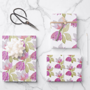Schöne Aquarell Rosa Blume Handgemalt Geschenkpapier Set