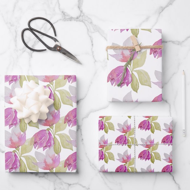Schöne Aquarell Rosa Blume Handgemalt Geschenkpapier Set (Vorderseite)