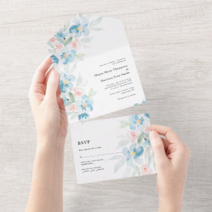 Schöne Aquarell-Rosen und blaue Blumen  All In One Einladung