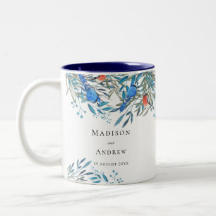 Schöne Aquarell-Vögel und -Blattwerk-Hochzeit Zweifarbige Tasse