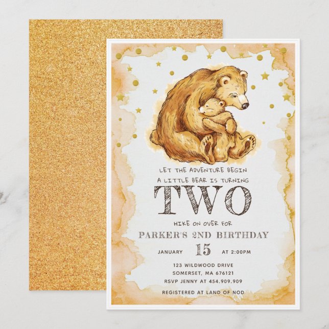 Schöne Aquarellbär Geburtstag 2. Geburtstag Einladung (Vorne/Hinten)