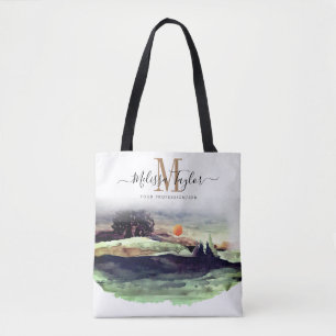 Schöne Aquarellberge und Baummonogramm Tasche