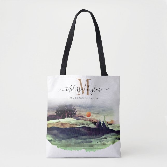 Schöne Aquarellberge und Baummonogramm Tasche (Vorderseite)