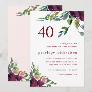 Schöne Aquarellblume 40. Geburtstag Einladung