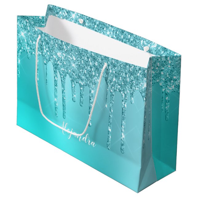 Schöne Aquarelle, blaue Minze und türkisfarbene Gl Große Geschenktüte (Vorderseite Schrägansicht)