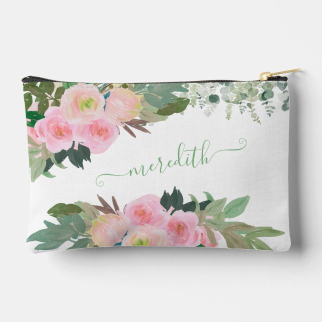Schöne Aquarellfarbe Rosa Blume Personalisiert Nam Zubehörtasche (Rückseite)