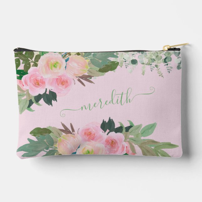 Schöne Aquarellfarbe Rosa Blume Personalisiert Nam Zubehörtasche (Rückseite)