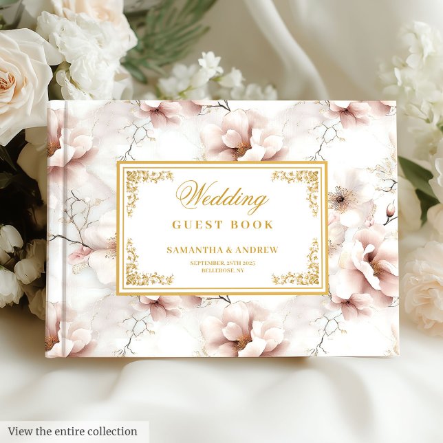 Schöne Aquarellfarben rosa Blume Goldhochzeit Gästebuch (Lovely watercolor dusty pink flowers gold wedding Guest Book)